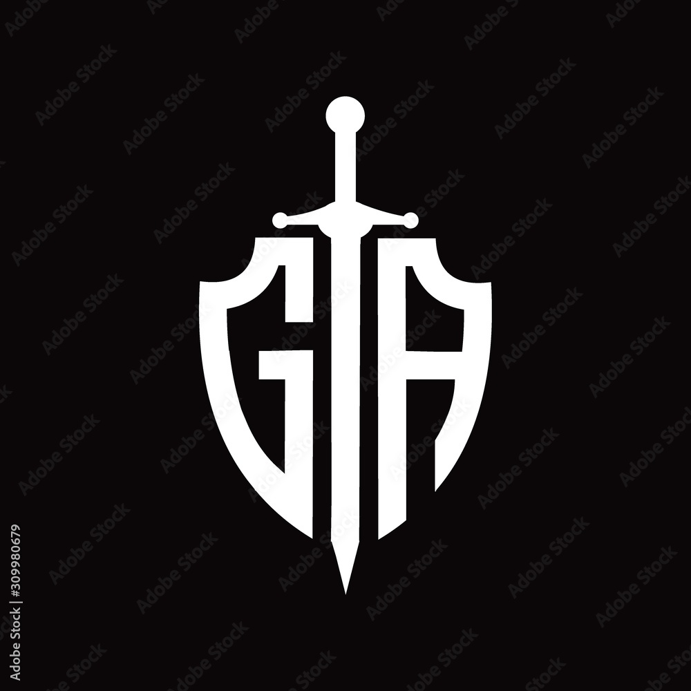 GA logo with shield shape and sword design template GA logo with shield shape and sword design template