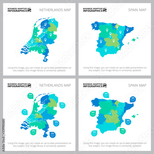 Collage of original business infographic designs with maps