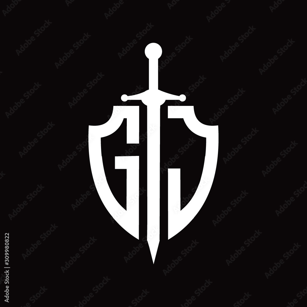 GJ logo with shield shape and sword design template GJ logo with shield shape and sword design template