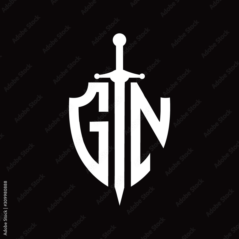 GN logo with shield shape and sword design template GN logo with shield shape and sword design template