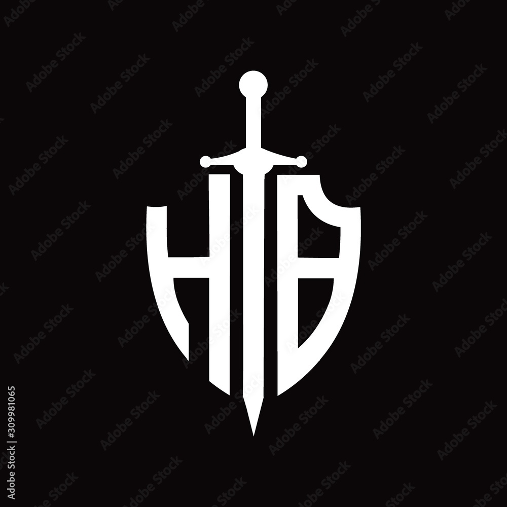 HB logo with shield shape and sword design template HB logo with shield shape and sword design template