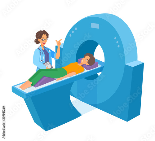 A young adult woman lies on an MRI examining. Doctor smiling. Professional clinic diagnosis research. 