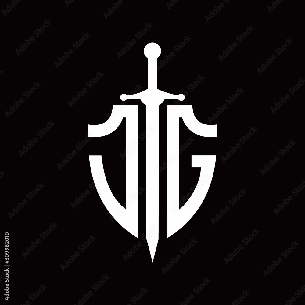 JG logo with shield shape and sword design template JG logo with shield shape and sword design template