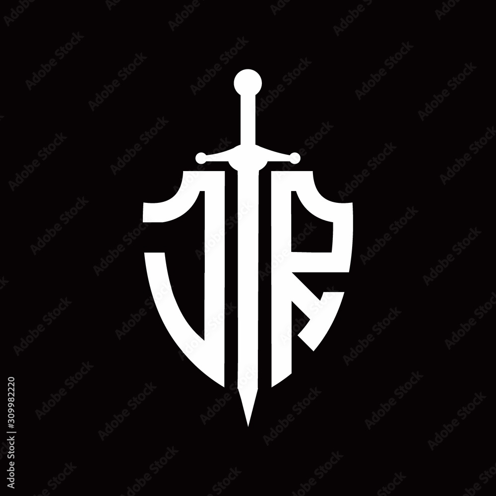 JR logo with shield shape and sword design template JR logo with shield shape and sword design template