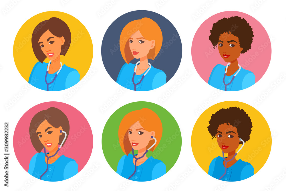 Avatars of female doctors. Woman with short hair smiles, looks at the viewer. Medical gown, stethoscope. Vector cartoon portraits on a colored circle background. Avatars of female doctors. Woman with short hair smiles, looks at the viewer. Medical gown, stethoscope. Vector cartoon portraits on a colored circle background.