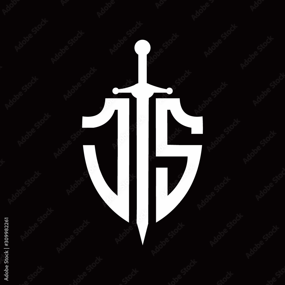JS logo with shield shape and sword design template JS logo with shield shape and sword design template