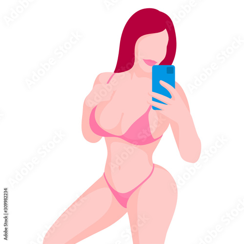Sexy girl model in beautiful tiny underwear posing and shooting selfie