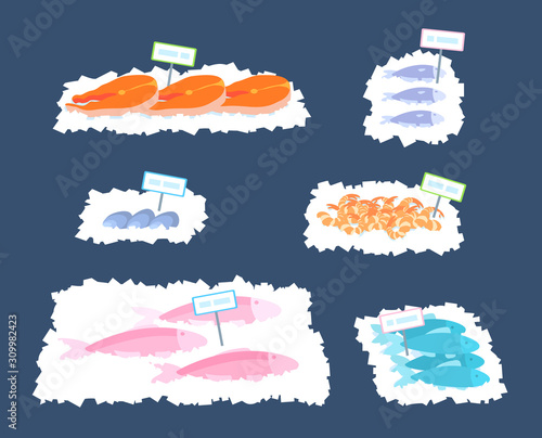 Seafood on the ice with price tags. Fish, shrimp, mussels, salmon steaks. Vector illustration on a dark background.