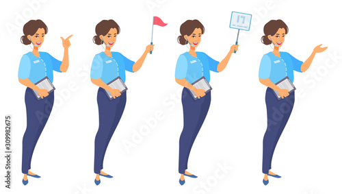 A tour guide shows something with her palm, index finger, holds a placard, red flag, clipboard. 