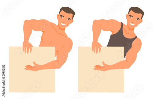 A man with and without a shirt. An athlete with pumped muscles, bodybuilder. 