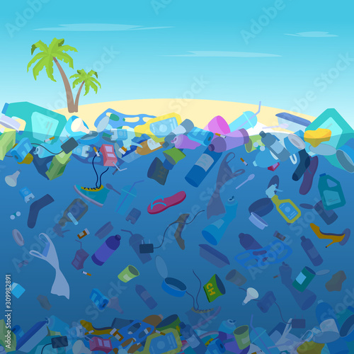 Environmental pollution at the beach. Garbage in the ocean, sea.