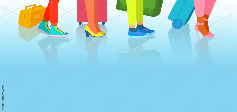 The queue at the airport, train, bus station. People go on a trip, waiting with luggage. Legs only. The queue at the airport, train, bus station. People go on a trip, waiting with luggage. Legs only.