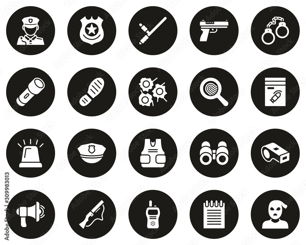 Police Or Detective Icons White On Black Circle Set Big Police Or Detective Icons White On Black Circle Set Big