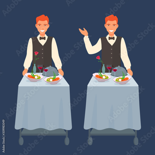 Room service employee carrying a trolley with fresh dinner.