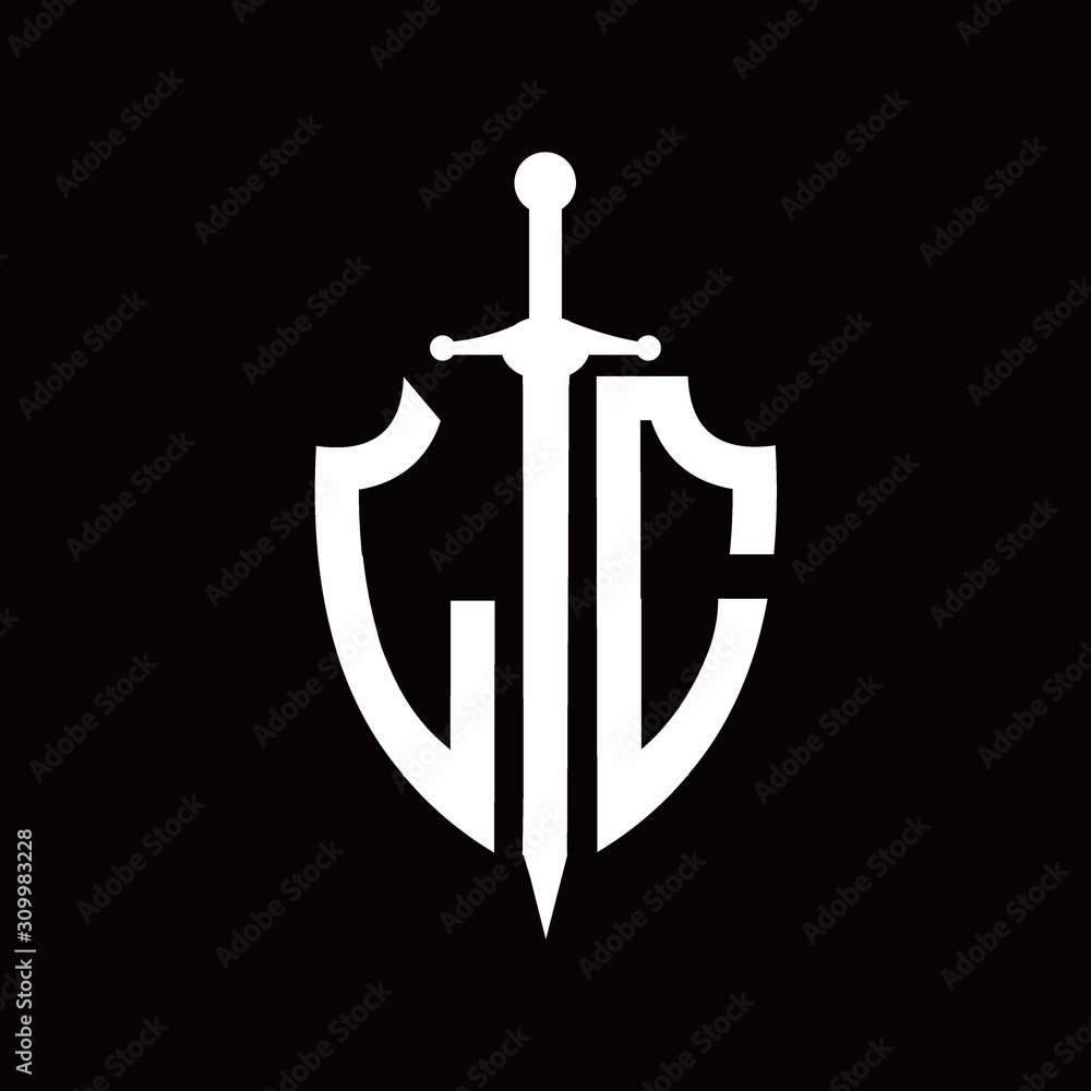 LC logo with shield shape and sword design template LC logo with shield shape and sword design template