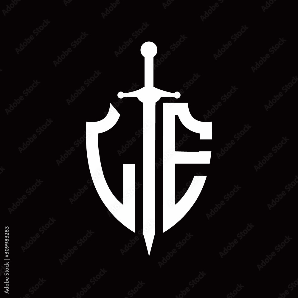LE logo with shield shape and sword design template LE logo with shield shape and sword design template