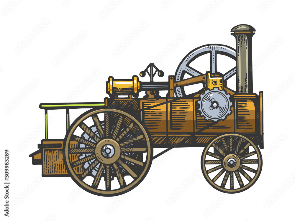 Steam engine tractor sketch engraving vector illustration. T-shirt apparel print design. Scratch board imitation. Black and white hand drawn image.