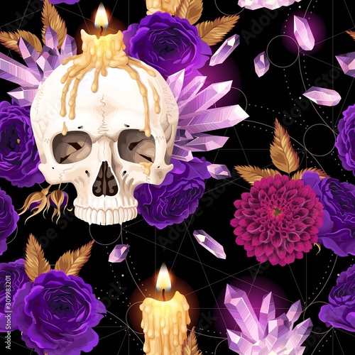 Seamless pattern with candle and human skull