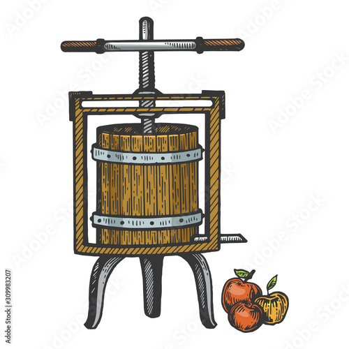 Apple cider juice press engraving vector illustration. T-shirt apparel print design. Scratch board imitation. Black and white hand drawn image.