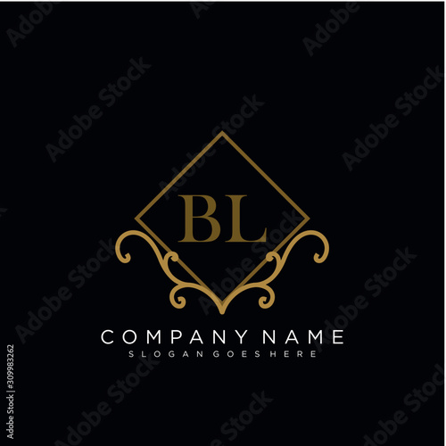 Initial letter BL logo luxury vector mark, gold color elegant classical