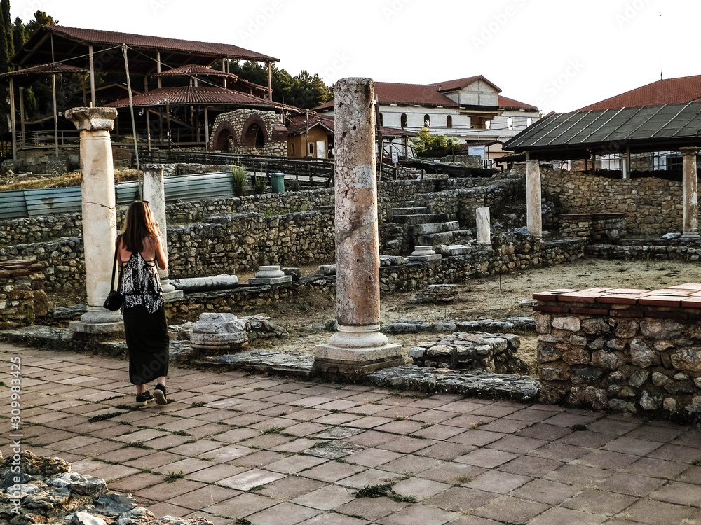 Old columns and ruins in Plaoshnik area, Ochrid, Macedonia.