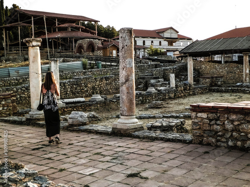 Old columns and ruins in Plaoshnik area, Ochrid, Macedonia. photo