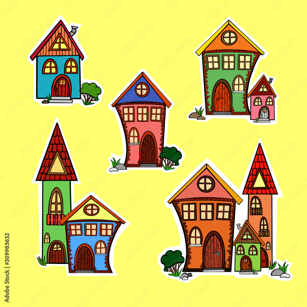 Fototapeta premium set stickers home homes architecture room brick stone castles colored childrens vector banner print doodle on yellow background