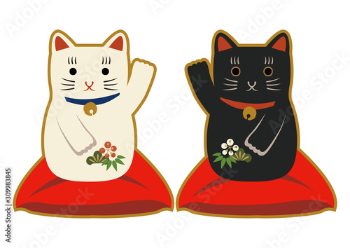 縁起物。招き猫のイラスト。日本の猫の置物。