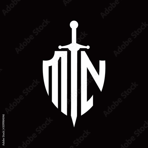 MN logo with shield shape and sword design template