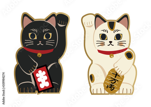 縁起物。招き猫のイラスト。日本の猫の置物。