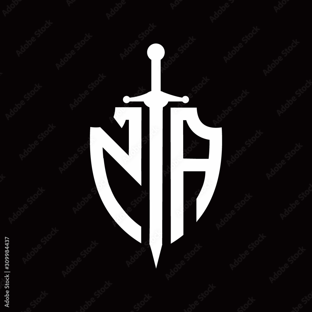 NA logo with shield shape and sword design template NA logo with shield shape and sword design template