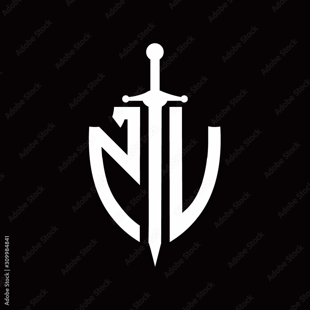 NV logo with shield shape and sword design template NV logo with shield shape and sword design template