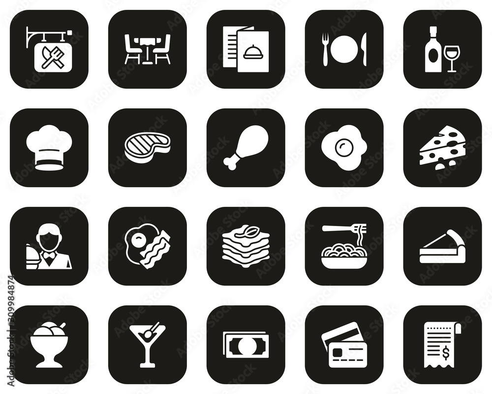 Restaurant Icons White On Black Big Set Restaurant Icons White On Black Big Set