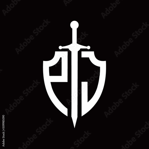 PJ logo with shield shape and sword design template