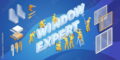 Team of Workers and isometric words Window Expert. Vector illustration.