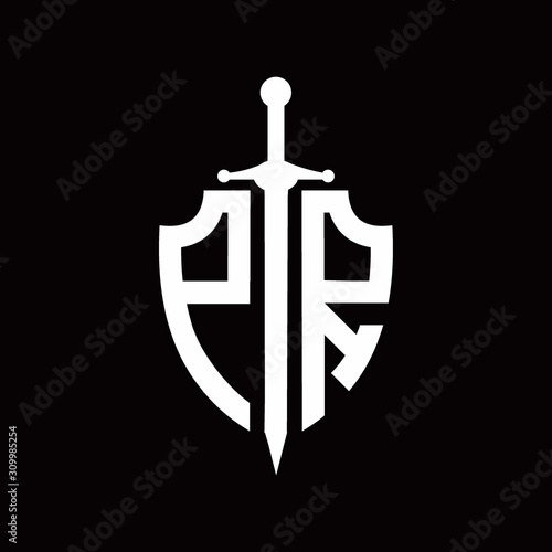 PR logo with shield shape and sword design template
