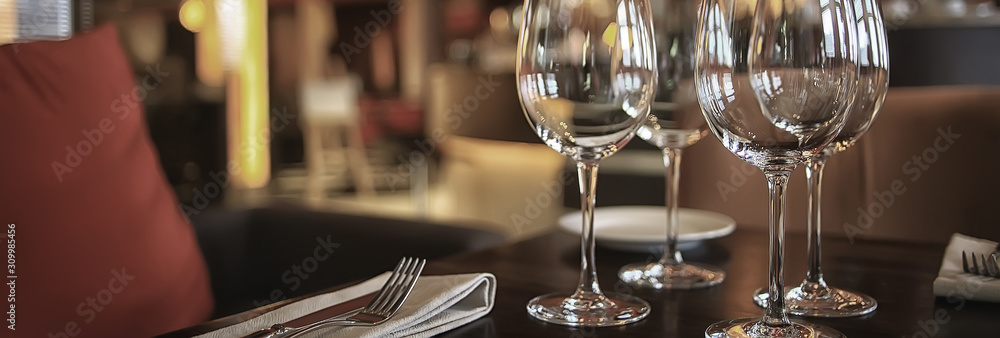 panorama restaurant setting / long narrow background interior cafe cutlery