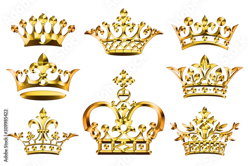 Metallic golden ornament. Vintage crown set.