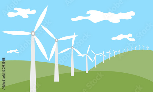 Ecological type of energy, wind energy. Vector windmills standing on green hills against a blue sky..Electricity generated from the wind. Green energy