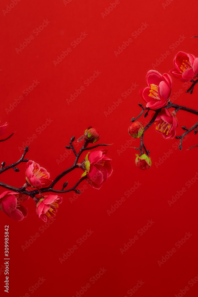 Naklejka premium Plum Flowers Blossom on red background