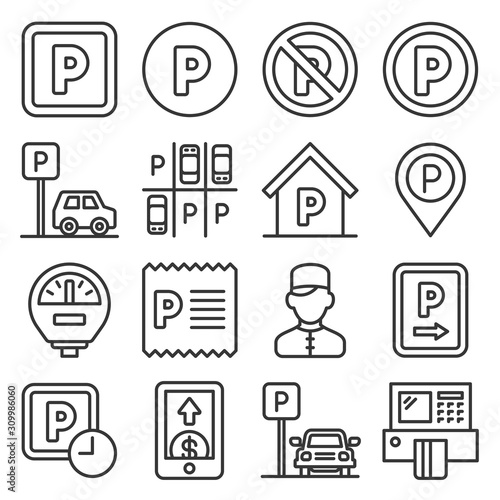 Car Parking Icons Set on White background. Line Style Vector