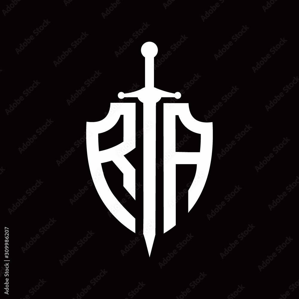 RA logo with shield shape and sword design template RA logo with shield shape and sword design template