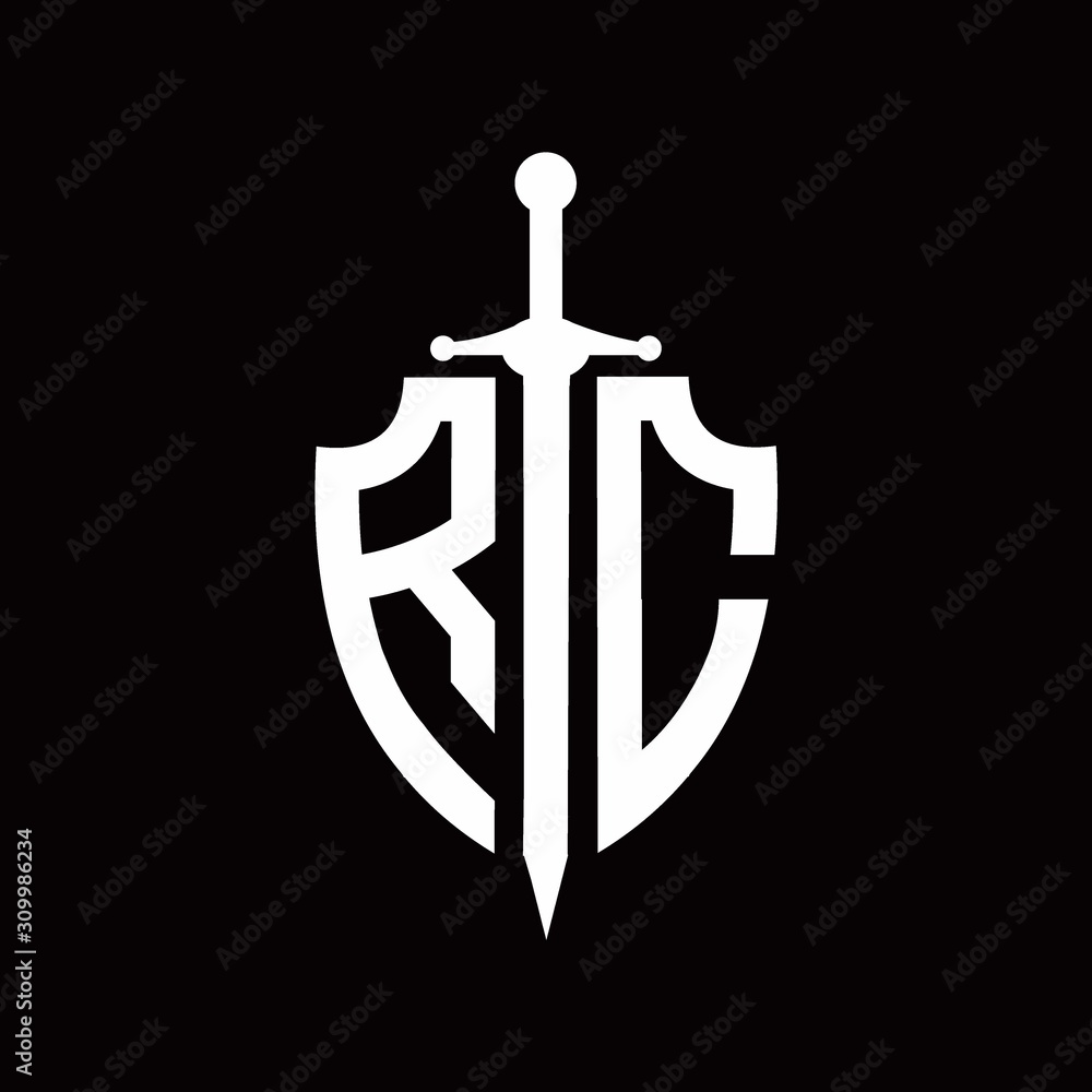 RC logo with shield shape and sword design template RC logo with shield shape and sword design template