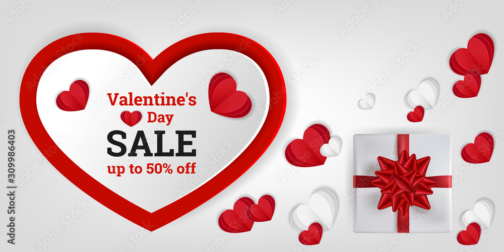 Happy Valentine's Day sale. Discount up to 50% off. Abstract background in paper style. Vector illustration with hearts and gift. Design for paper, prints, brochures, covers, banners etc.