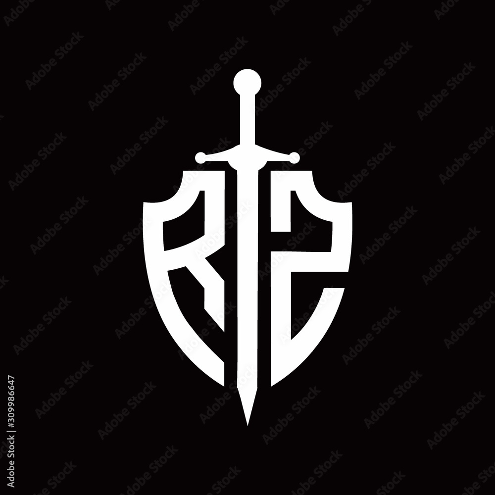 RZ logo with shield shape and sword design template RZ logo with shield shape and sword design template