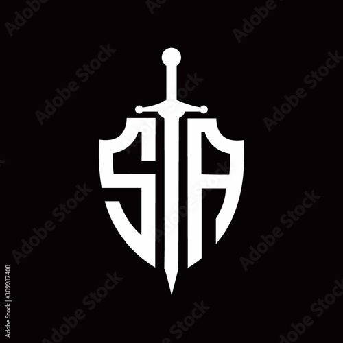 SA logo with shield shape and sword design template photo