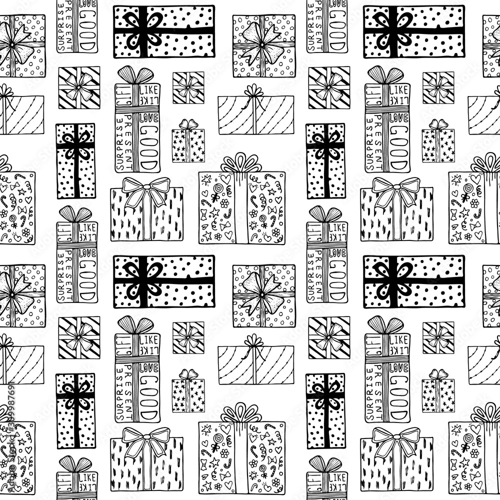 Fototapeta premium seamless pattern with image of gifts. Topics: New Year, Christmas, Valentine's Day, Birthday, Anniversary, Wedding. Hand-drawn in trendy Scandinavian style