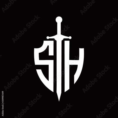 SH logo with shield shape and sword design template