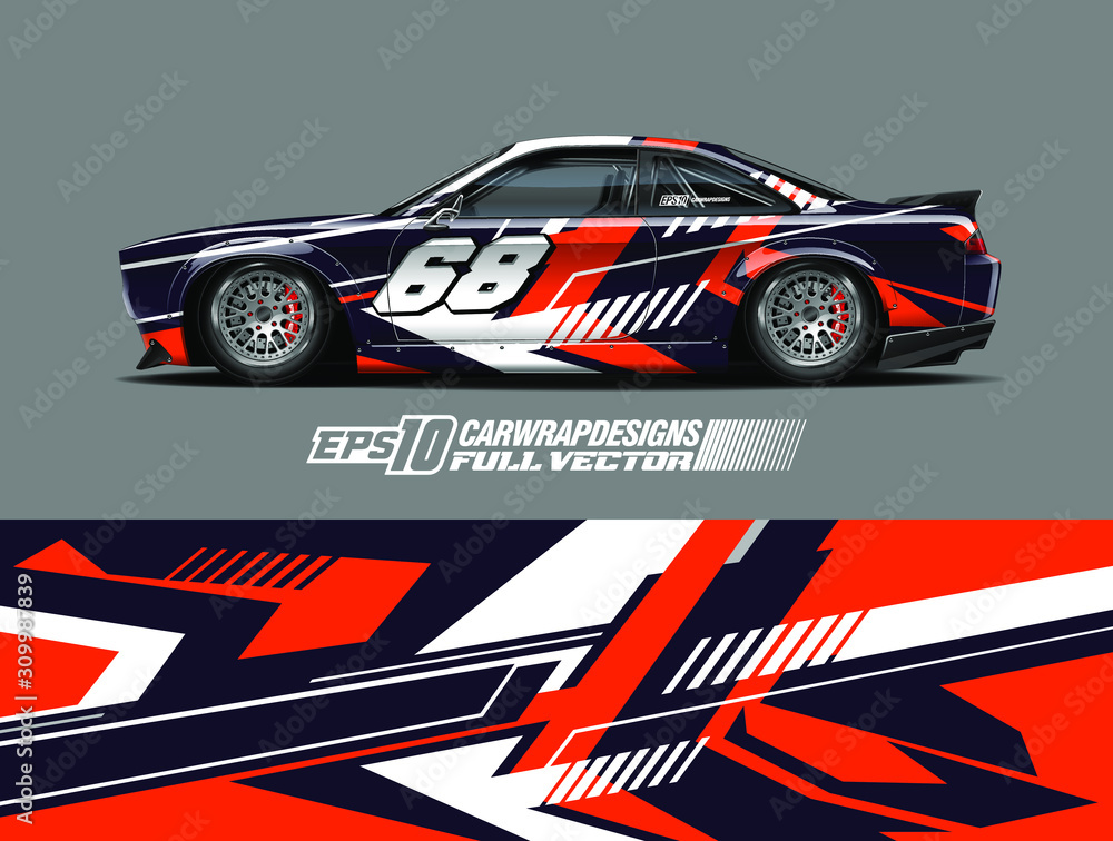 Racing car wrap design vector. Graphic abstract stripe racing background kit designs for wrap vehicle, race car, rally, adventure and livery. Full vector eps 10