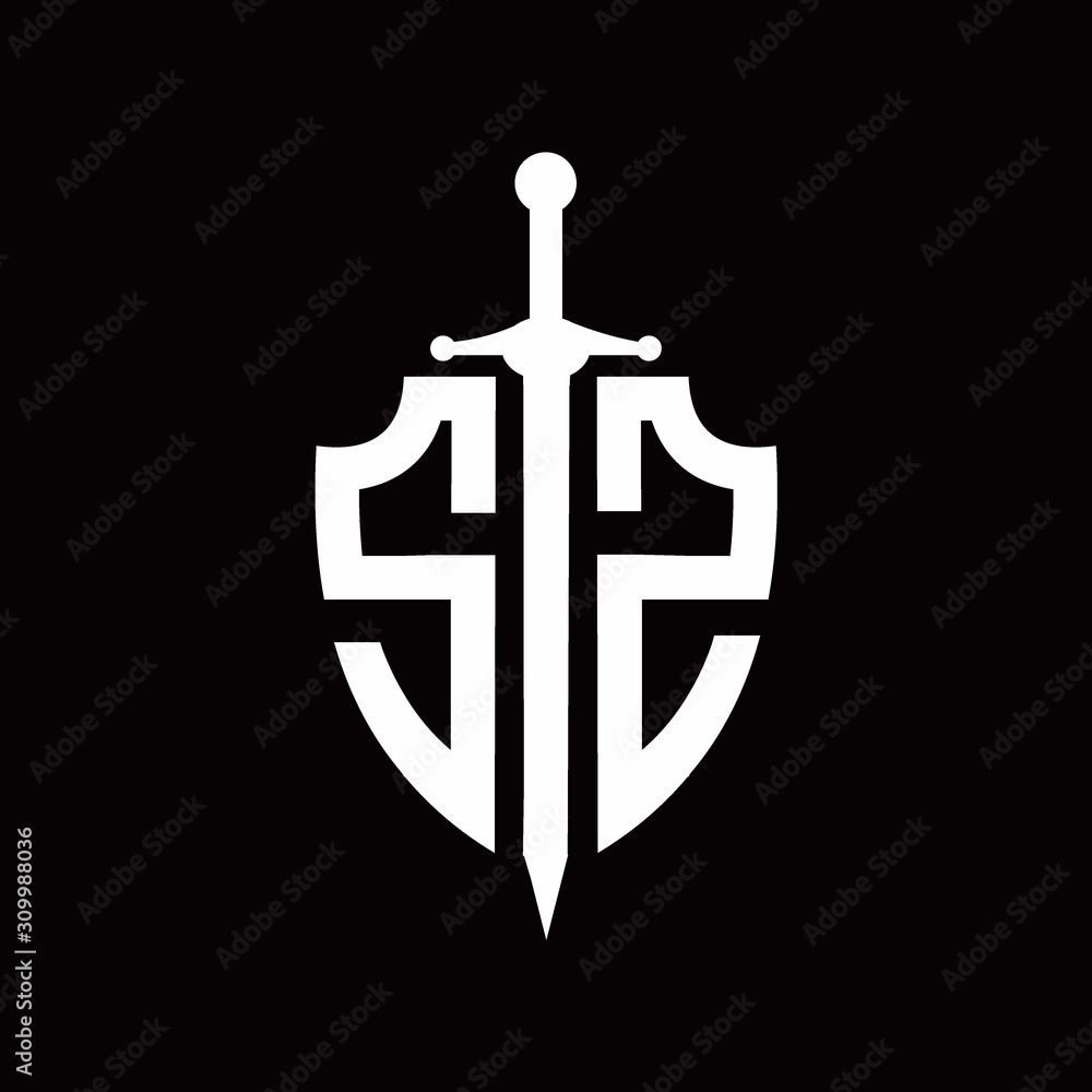 SZ logo with shield shape and sword design template SZ logo with shield shape and sword design template